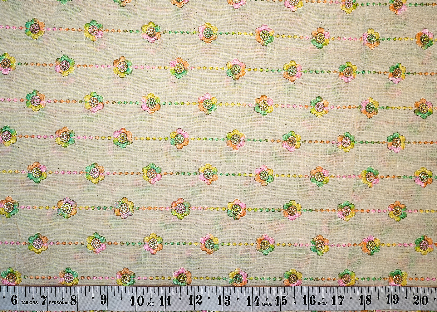 White Cotton Fabric with Allover Colorful Threadwork 13505