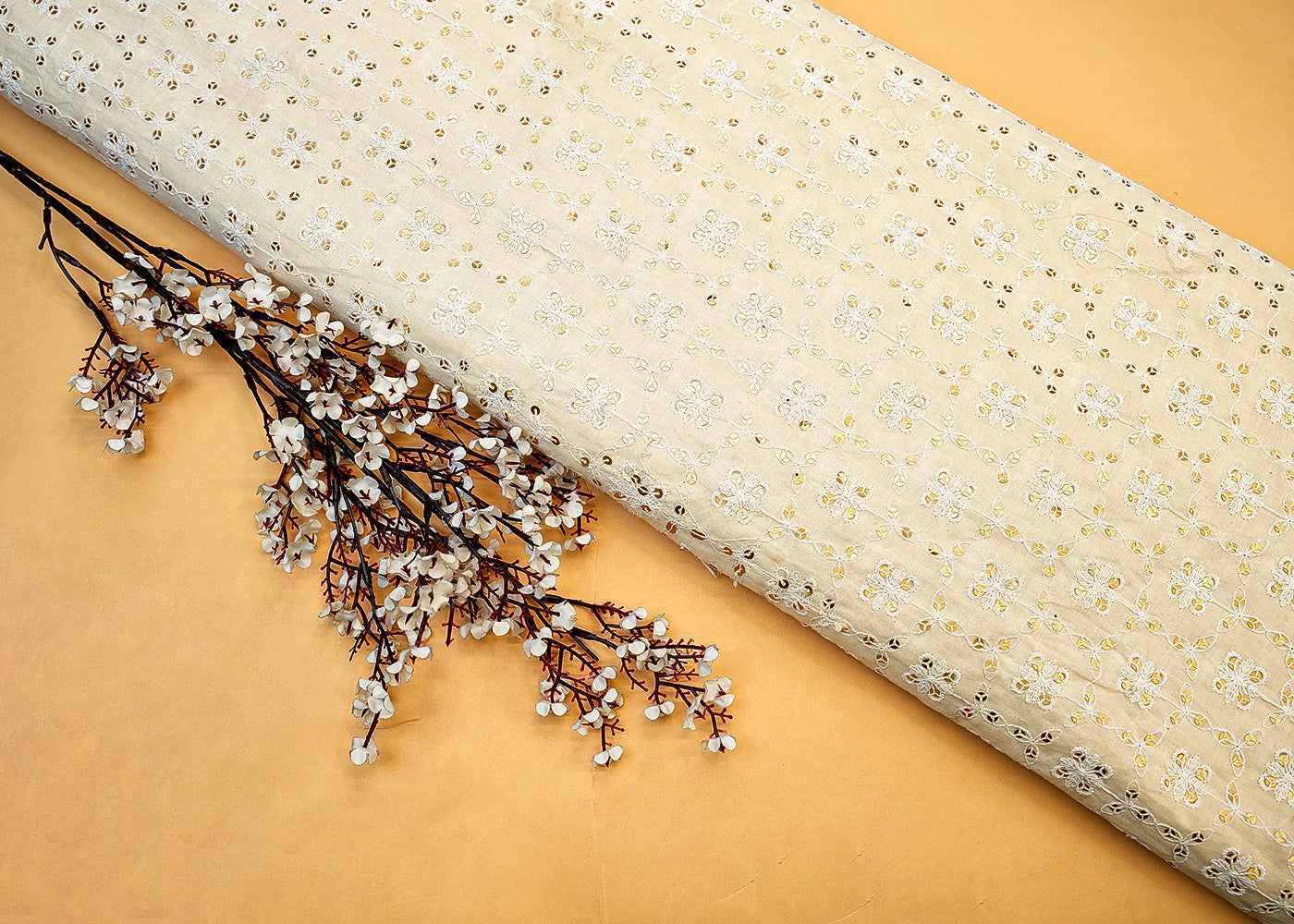 White Cotton Fabric with Allover Thread and Sequins Work 13509