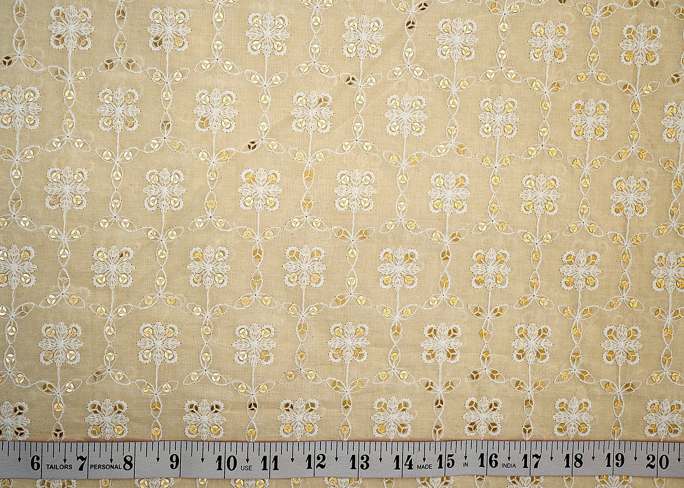 White Cotton Fabric with Allover Thread and Sequins Work 13509