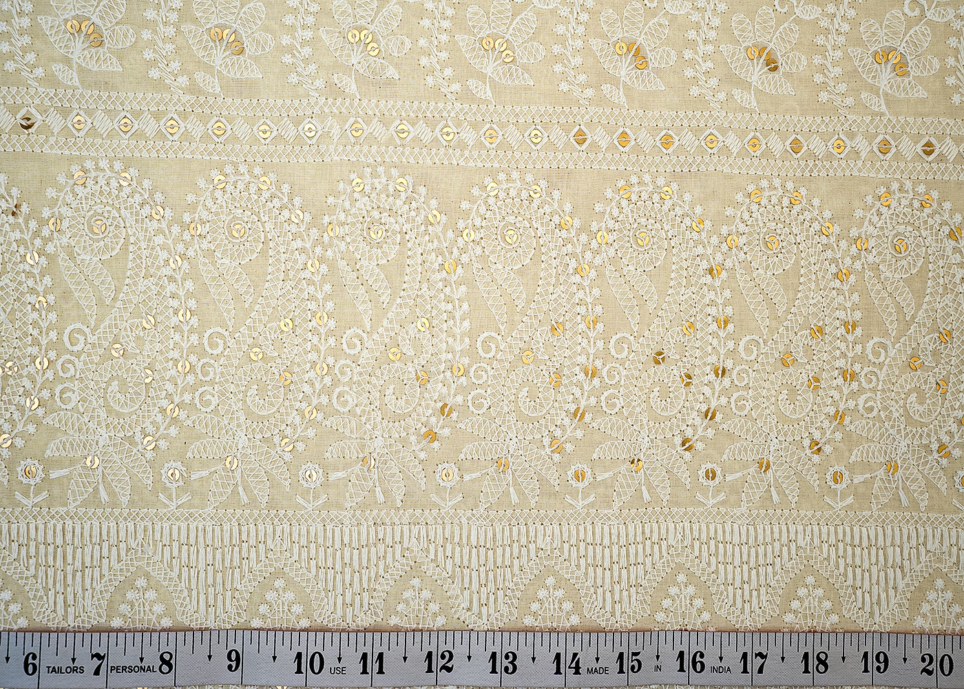 White Cotton Fabric with Allover Thread and Sequins Work with Heavy Border 13512