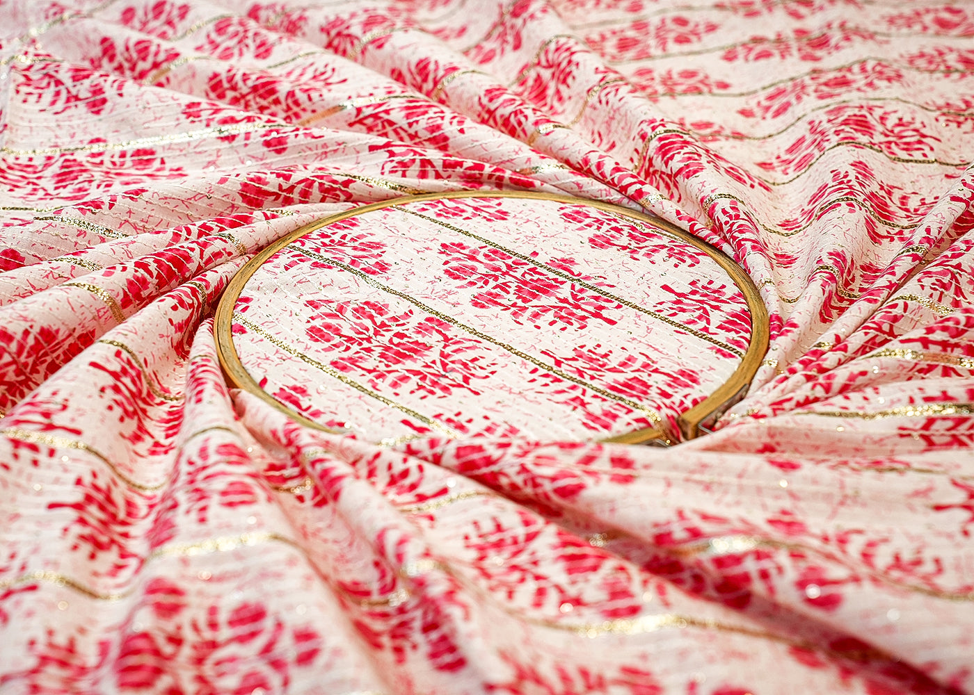 White-Pink Cotton Printed Fabric with Thread, Sequins & Gota Work 13515