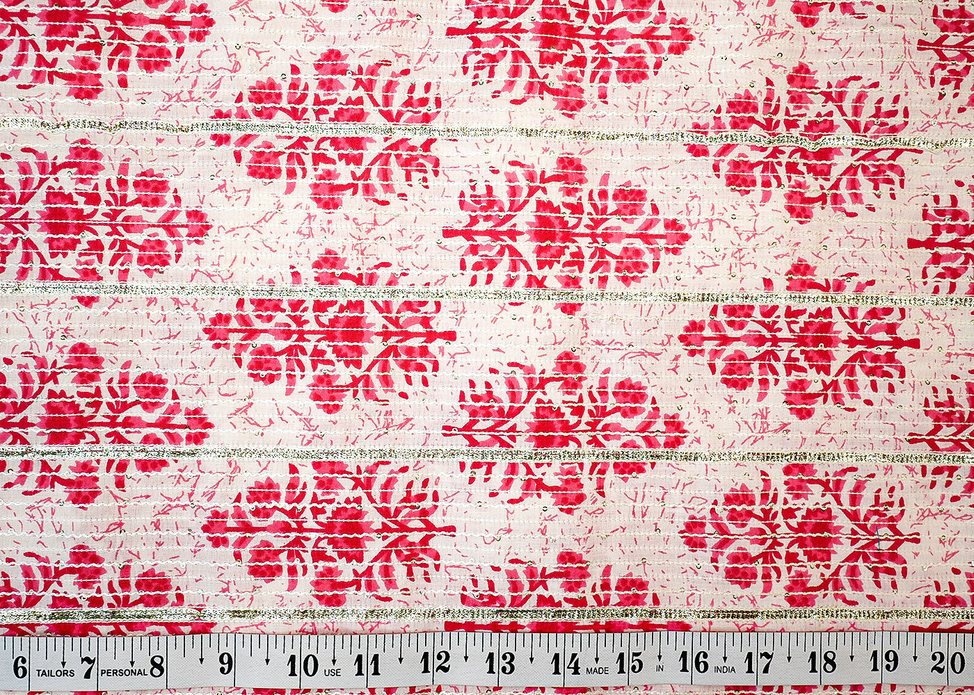 White-Pink Cotton Printed Fabric with Thread, Sequins & Gota Work 13515