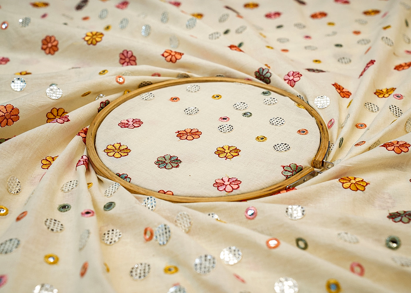 White Cotton Fabric with Allover Multicolor Thread and Foil Work 13519