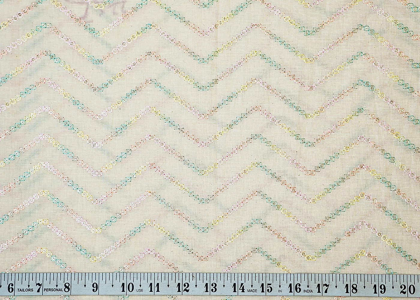 White Cotton Fabric with Allover Zig-Zag Colorful Threadwork 13526