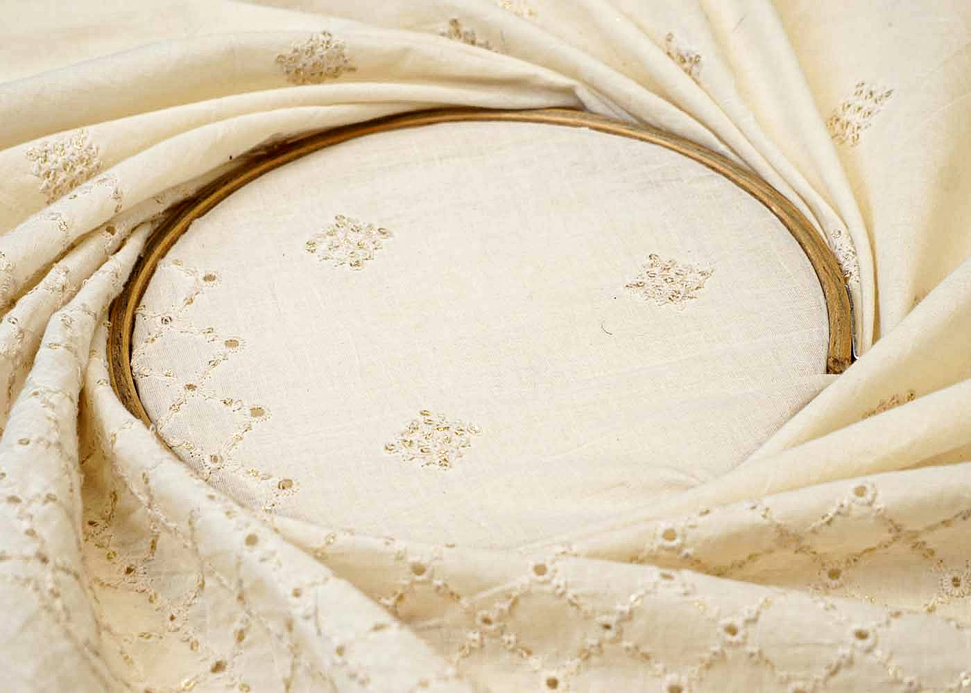 White Cotton Fabric with Buti of Thread and Dobby Border 13536