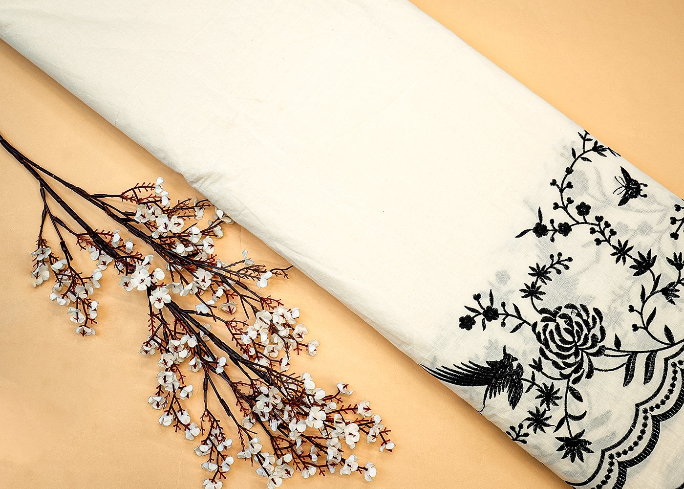 White Cotton Fabric with Black Threadwork on Border 13543