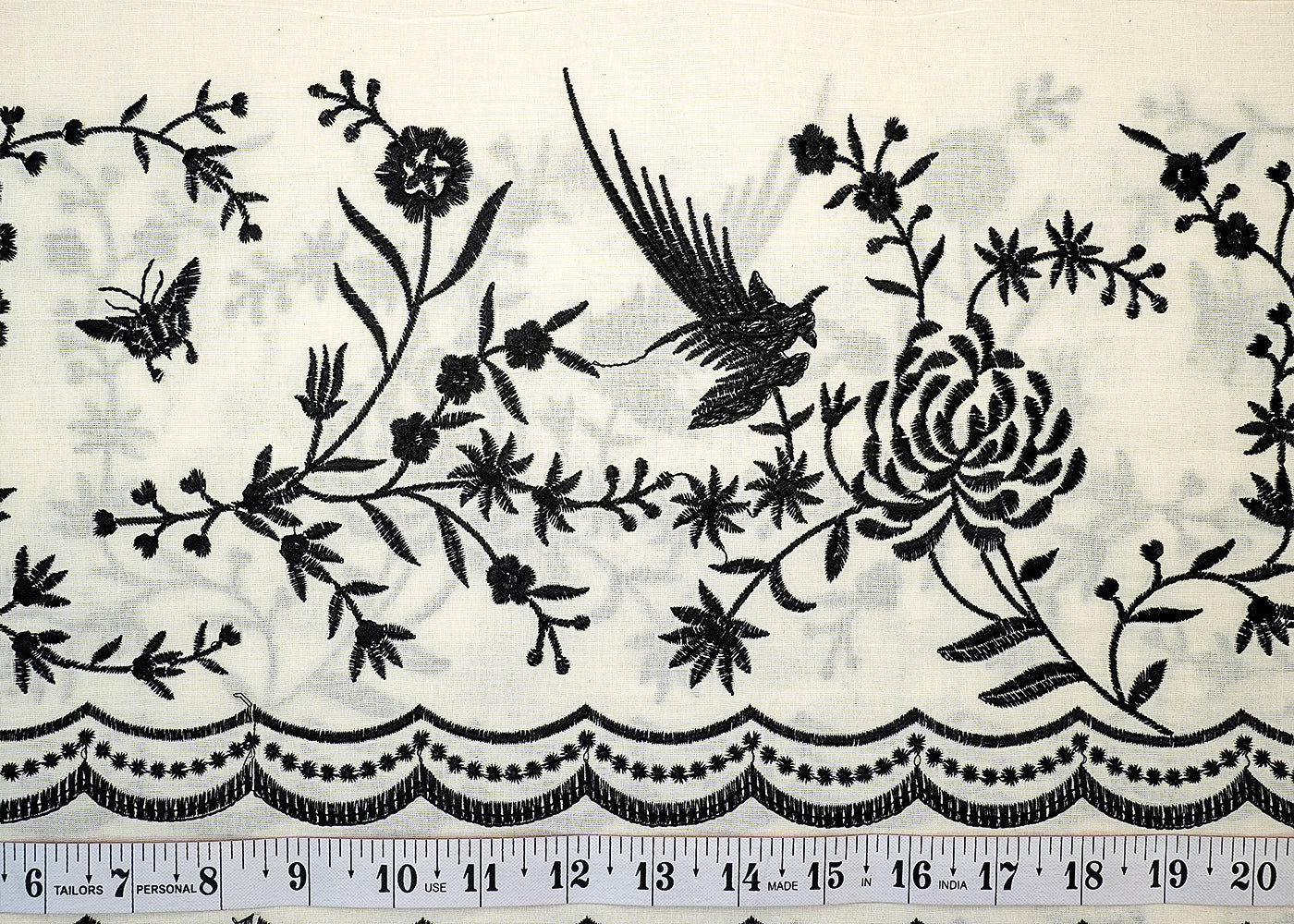 White Cotton Fabric with Black Threadwork on Border 13543