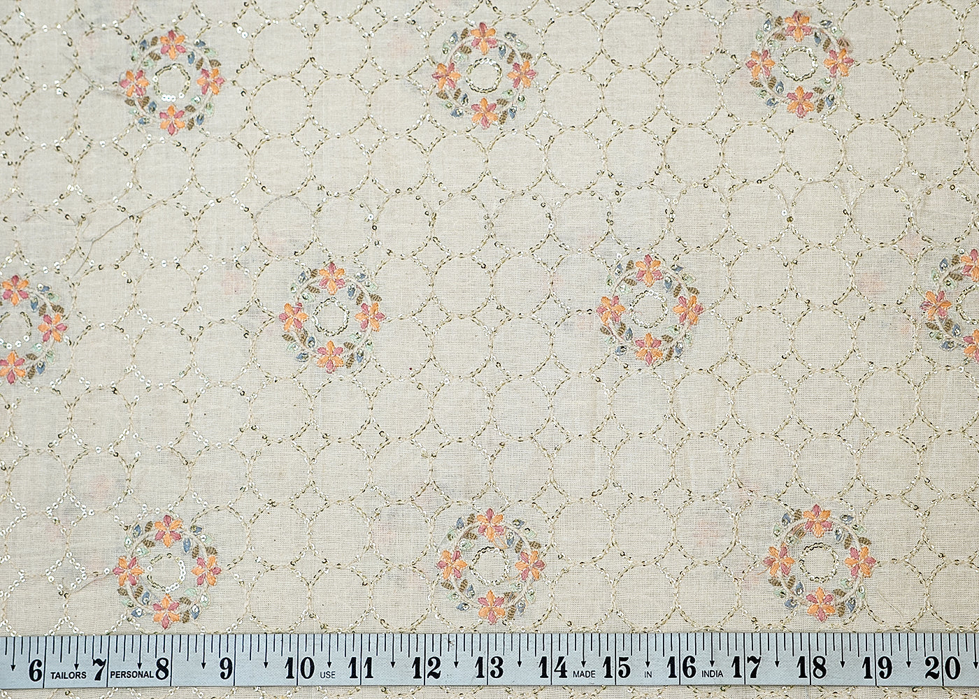 White Cotton Fabric with Thread and Sequins Work 13545