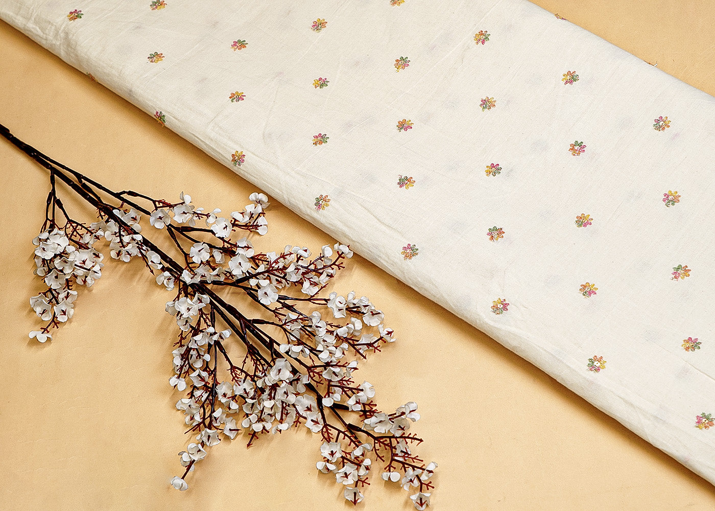 White Cotton Fabric with Allover Buti of Thread and Sequins 13546