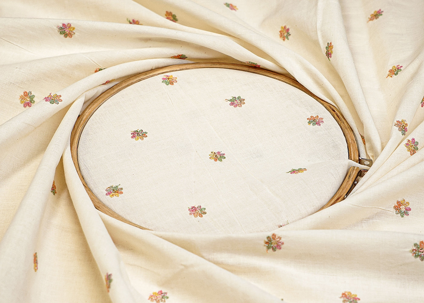 White Cotton Fabric with Allover Buti of Thread and Sequins 13546