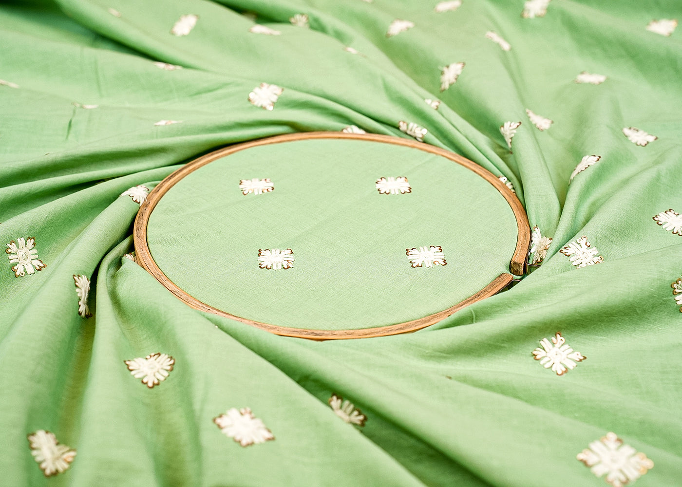 Sea Green Cotton Fabric with Allover Buti of Thread and Sequins 13548