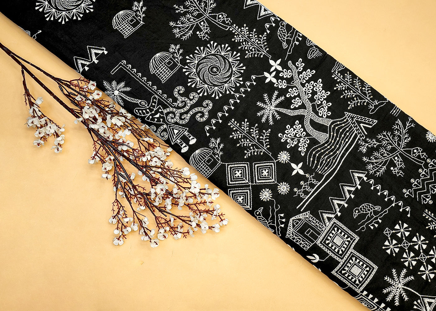 Black Cotton Fabric with Allover White Thread Work 13551