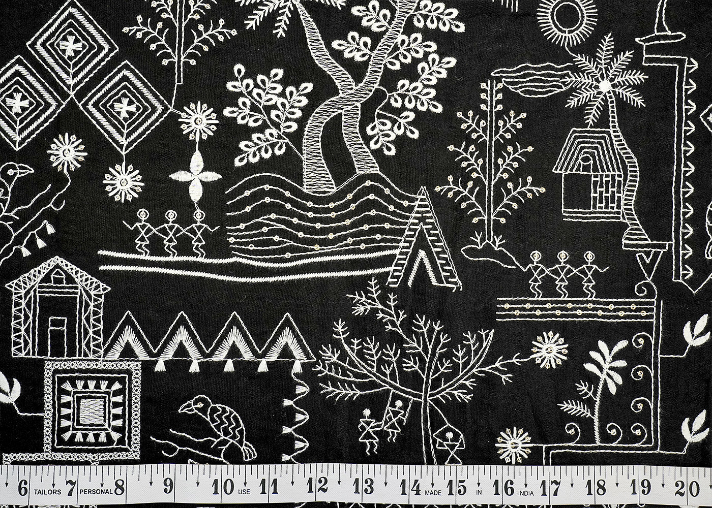 Black Cotton Fabric with Allover White Thread Work 13551