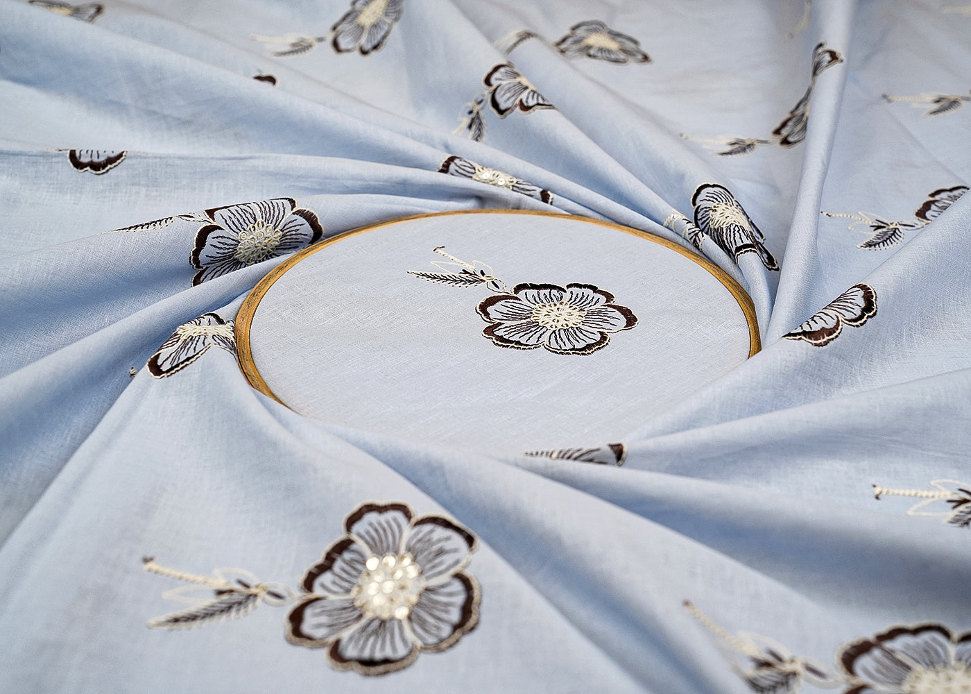 Powder Blue Cotton Fabric with Allover Floral Buti of Thread and Sequins 13553