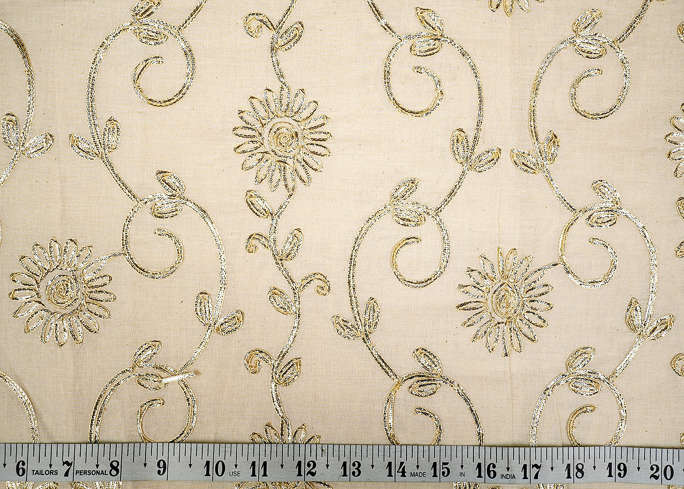 White Cotton Fabric with Allover Floral Pattern of Gota Patti Work 13572