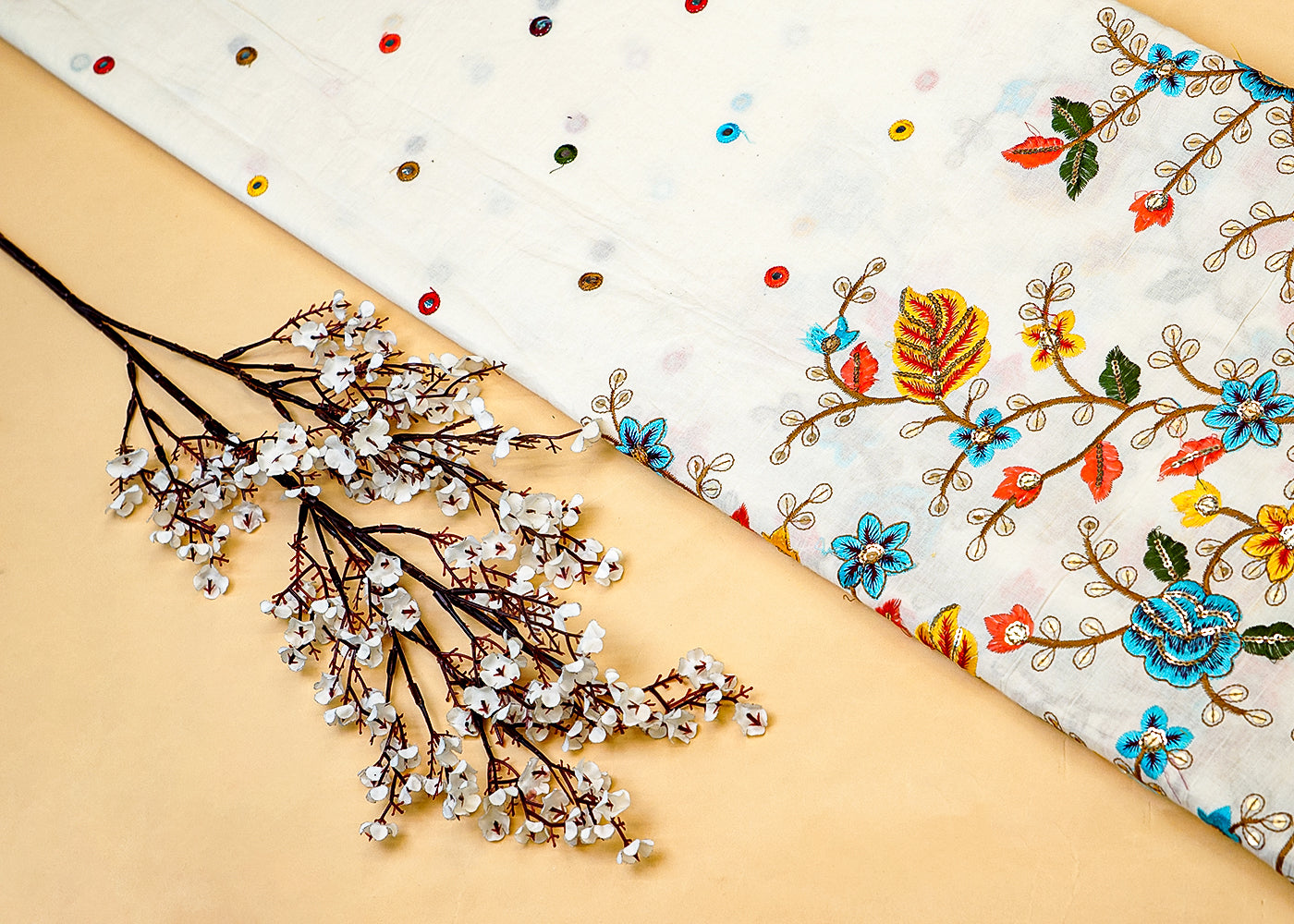 White Cotton Fabric with Allover Buti of Thread and Sequins with Border 13581