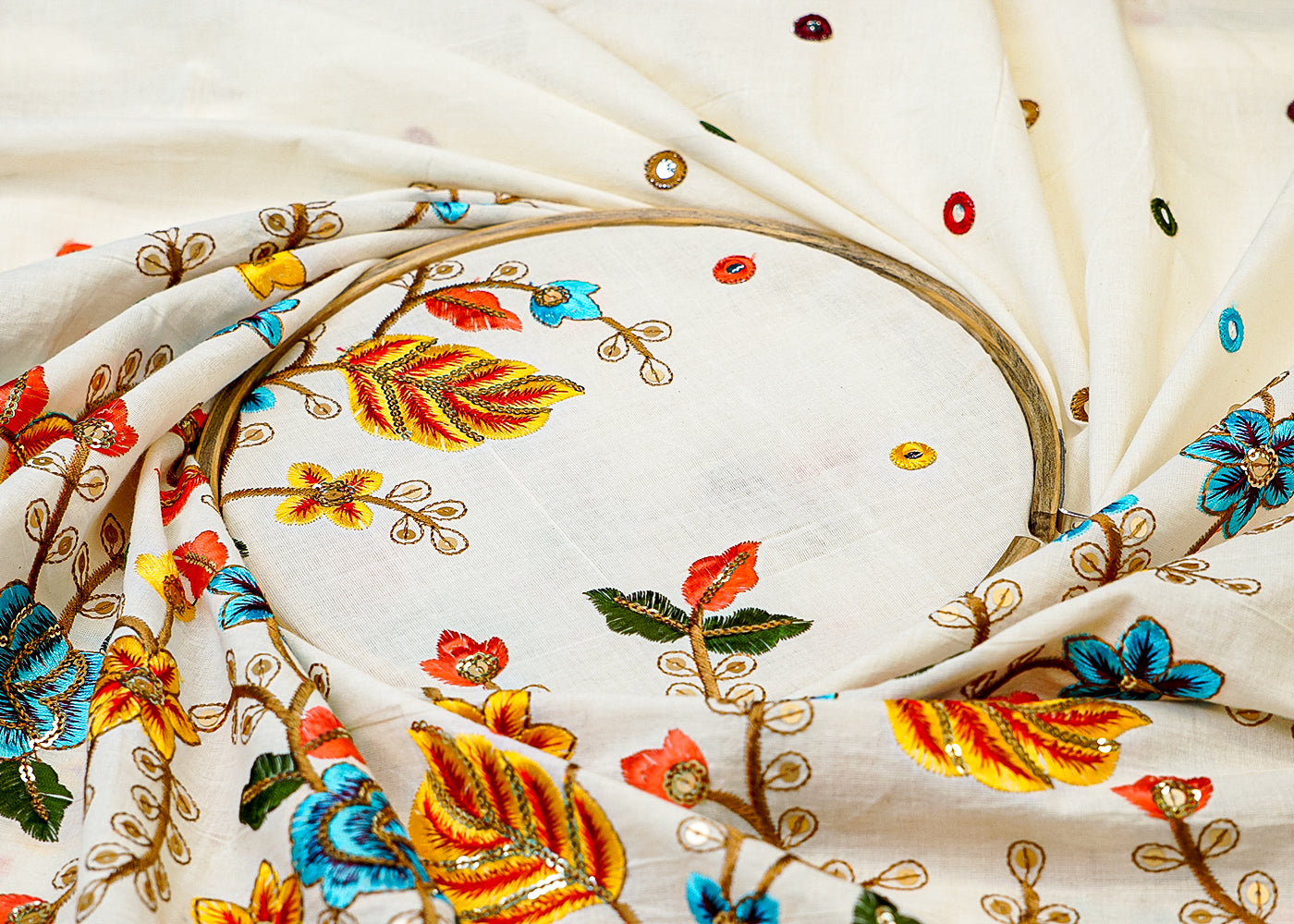 White Cotton Fabric with Allover Buti of Thread and Sequins with Border 13581