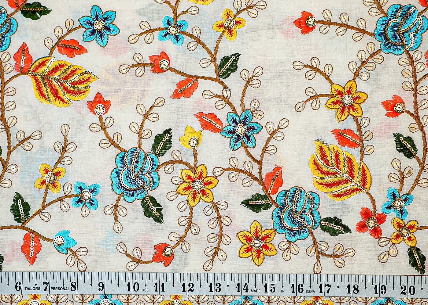 White Cotton Fabric with Allover Buti of Thread and Sequins with Border 13581