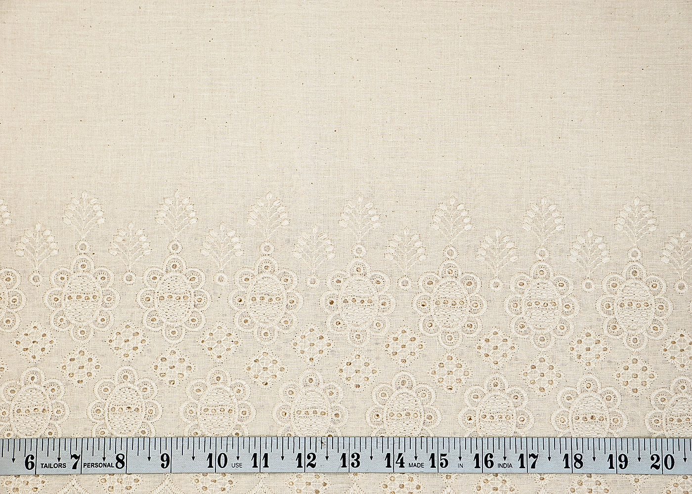 White Cotton Fabric with Allover Buti of Thread Work, and Dobby Border 13585