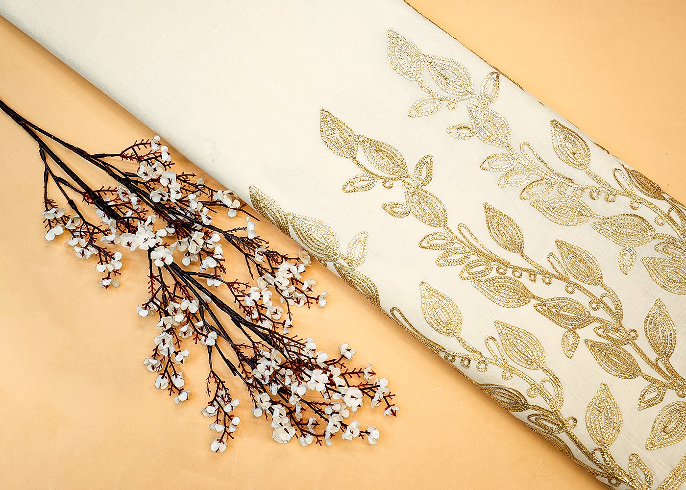 White Cotton Fabric with Gota Patti Work Border 13587