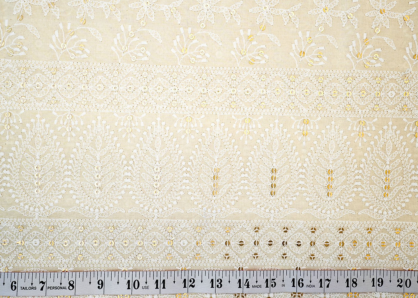 White Cotton Fabric with Allover Buti of Thread and Sequins with Border 13588