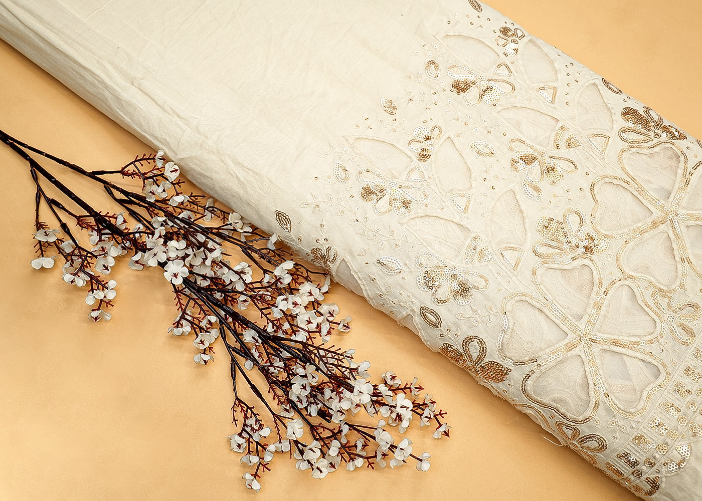 White Cotton Fabric with Border of Thread and Sequins Work 13592