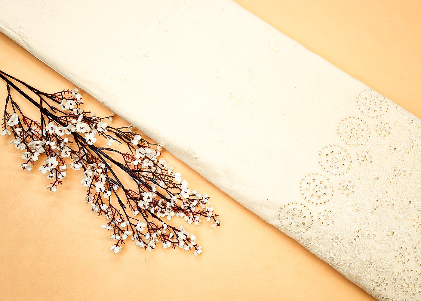 White Cotton Fabric with Buti of Thread and Dobby Border 13593