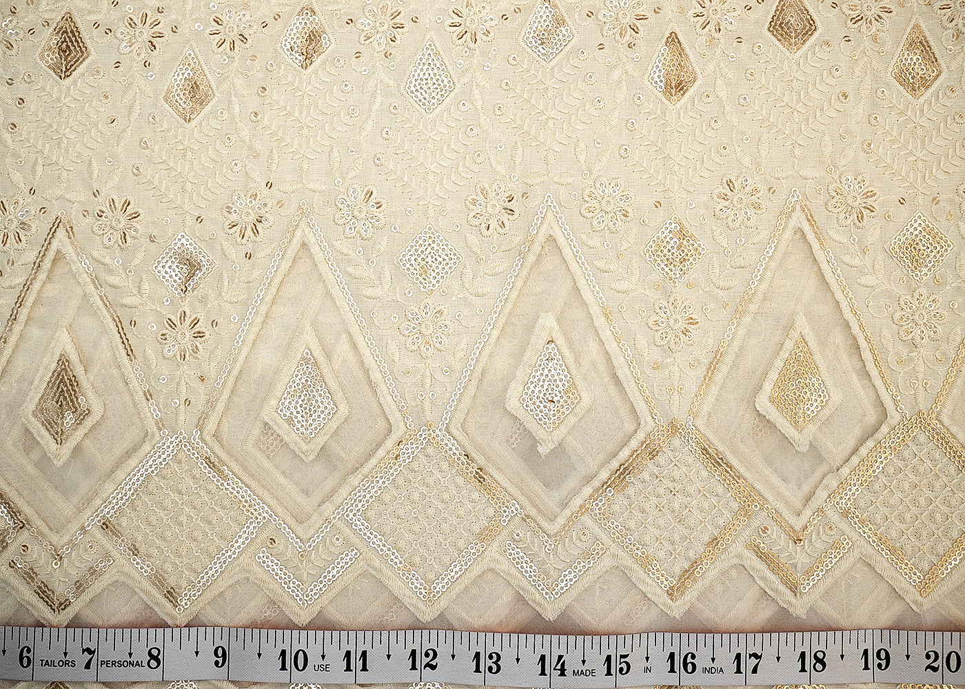 White Cotton Fabric with Border of Thread and Sequins Work 13594