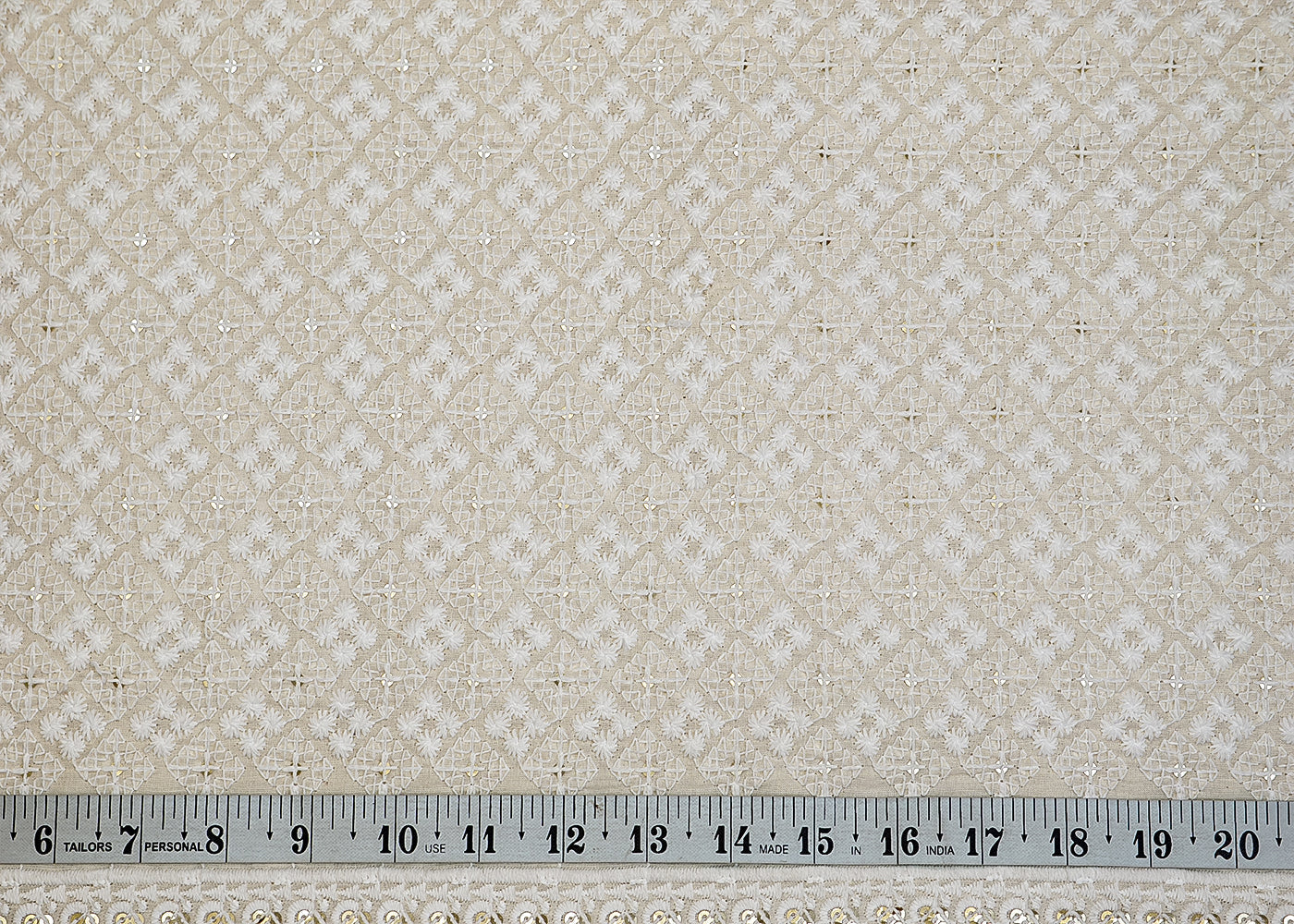 White Cotton Fabric with Allover Thread and Sequins Work 13595