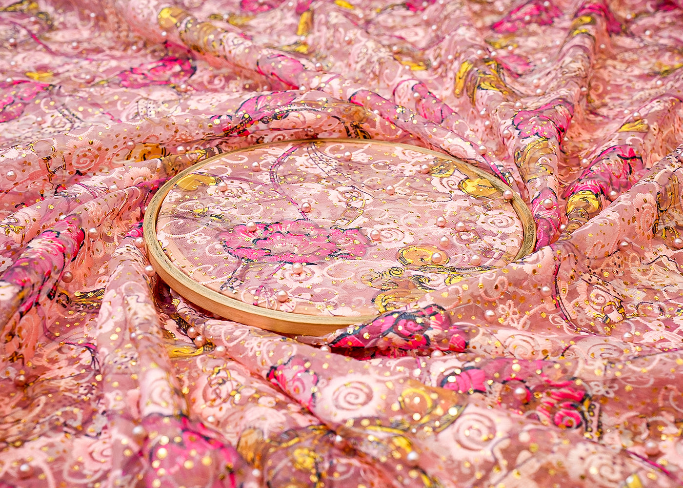 Pink Organza Fabric with Allover Thread, Foil, and Pearl Work 13604