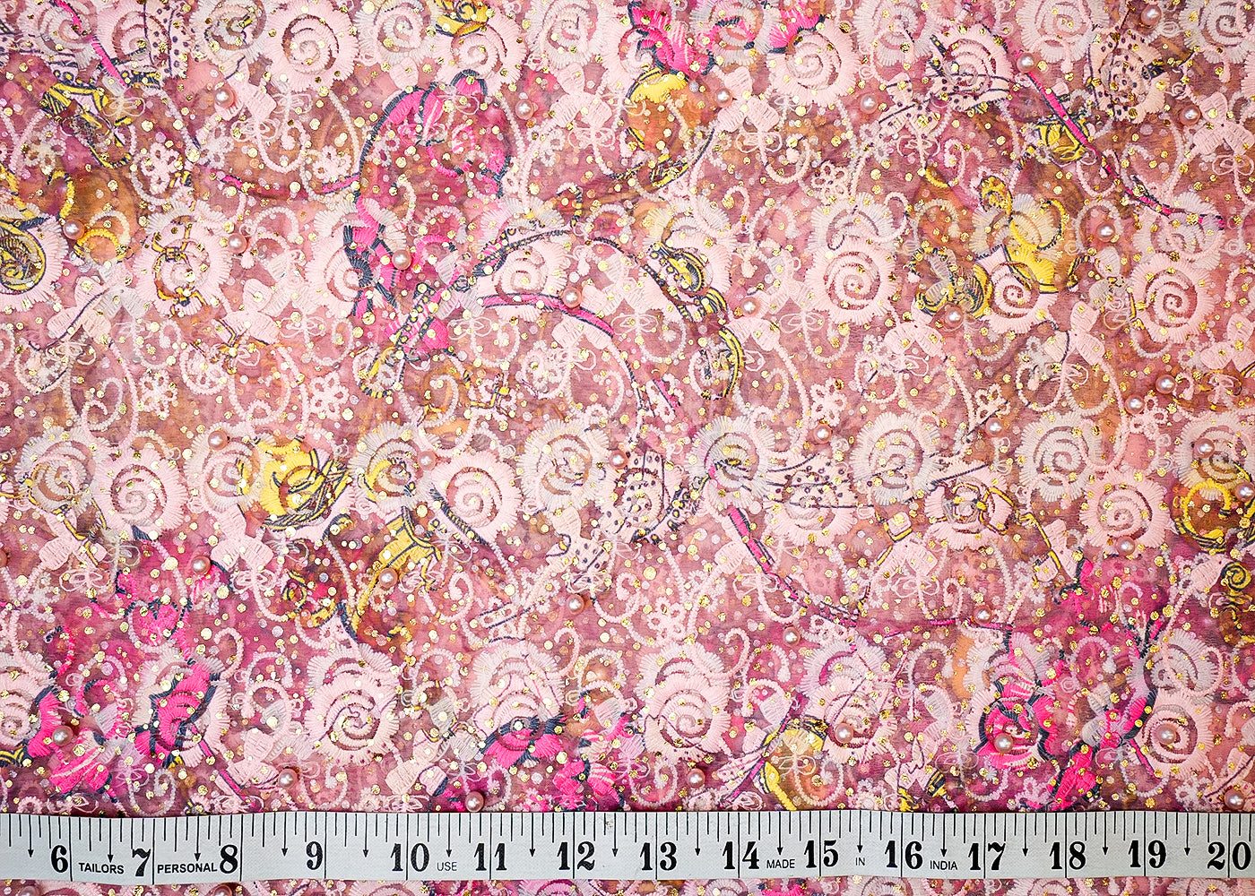 Pink Organza Fabric with Allover Thread, Foil, and Pearl Work 13604