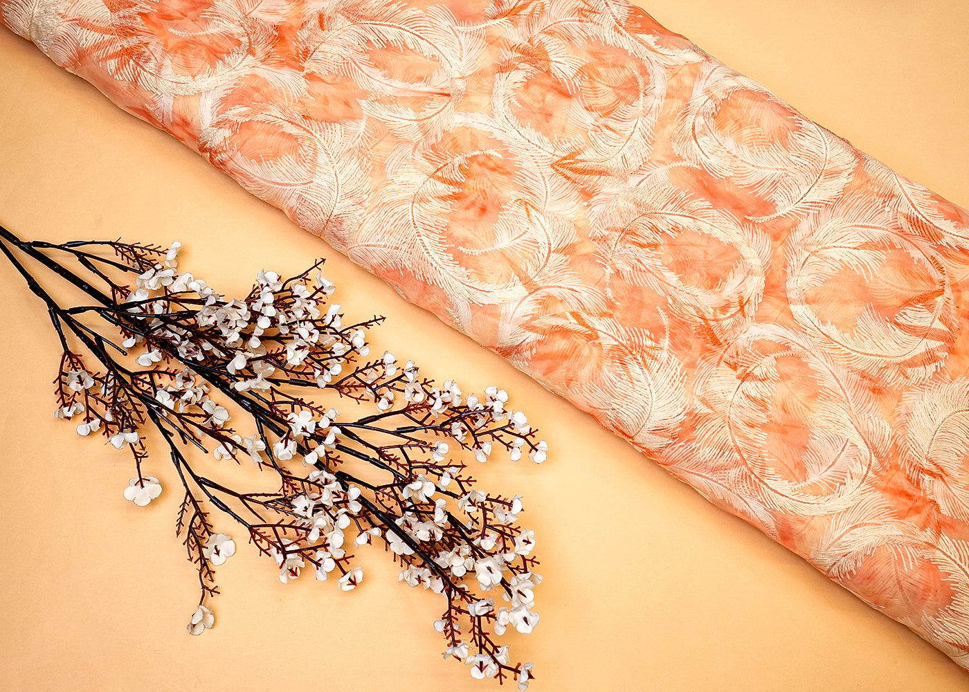 Orange Organza Fabric with Allover Thread Work 13606