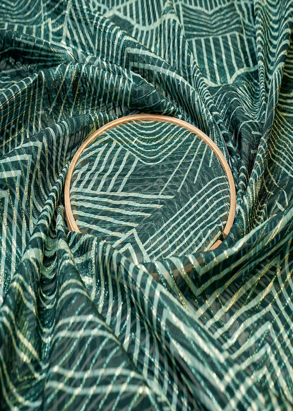 Dark-Green-Organza-Fabric-with-Allover-Print-and-Dori-Work-13608-close-view