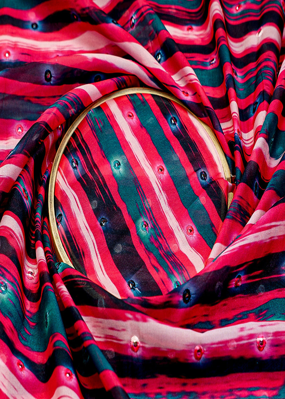 Multi-Color-Organza-Fabric-with-Allover-Print,-Faux-Mirror-&-Thread-Work-13612-close-view