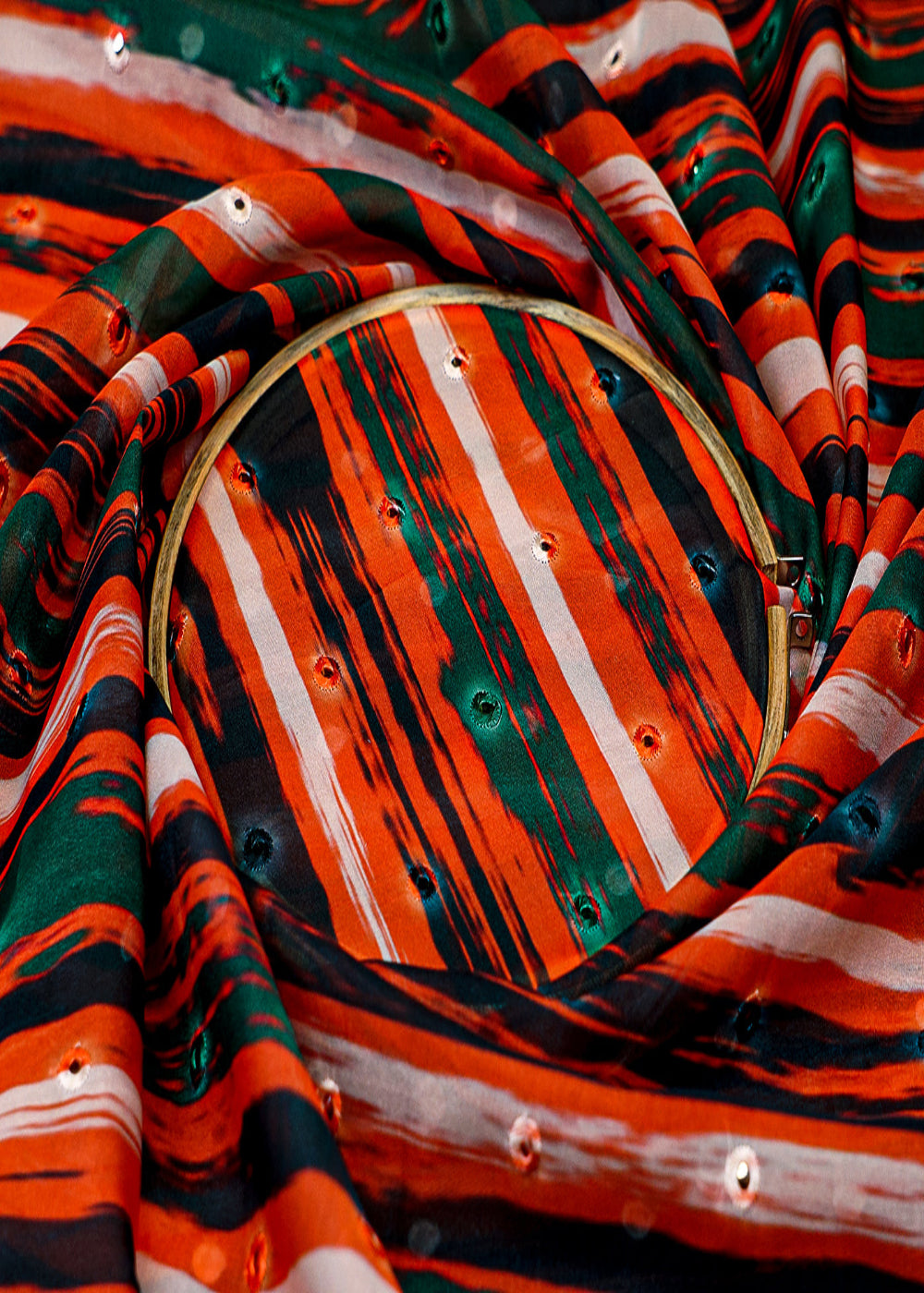 Multi-Color-Organza-Fabric-with-Allover-Print,-Faux-Mirror-&-Thread-Work-13613-close-view