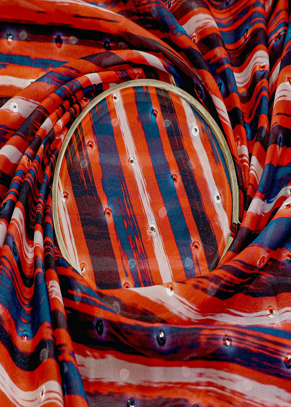 Multi-Color-Organza-Fabric-with-Allover-Print,-Faux-Mirror-&-Thread-Work-13615-close-view