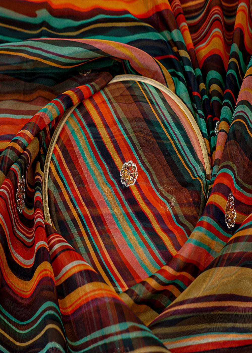 Multi-Color-Organza-Fabric-with-Allover-Print-and-Buti-of-Swarovski-&-Thread-13616-close-view
