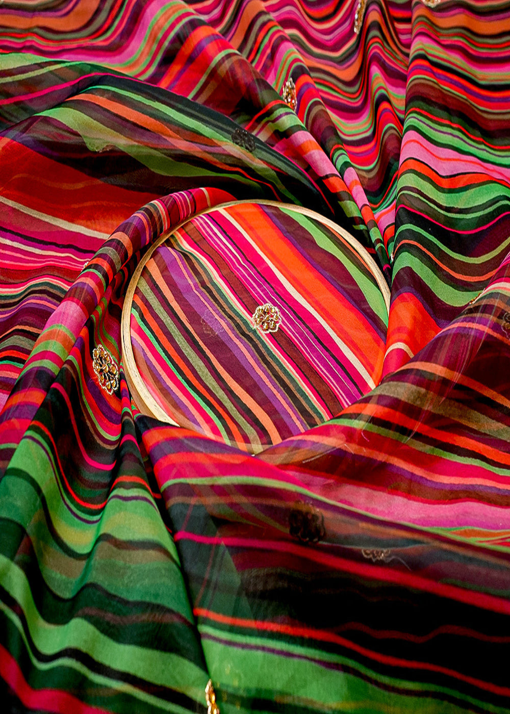 Multi-Color-Organza-Fabric-with-Allover-Print-and-Buti-of-Swarovski-&-Thread-13618-close-view