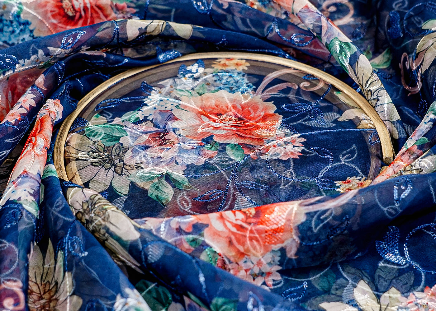 Dark Blue Organza Fabric with Allover Floral Print, Thread & Sequins Work 13620