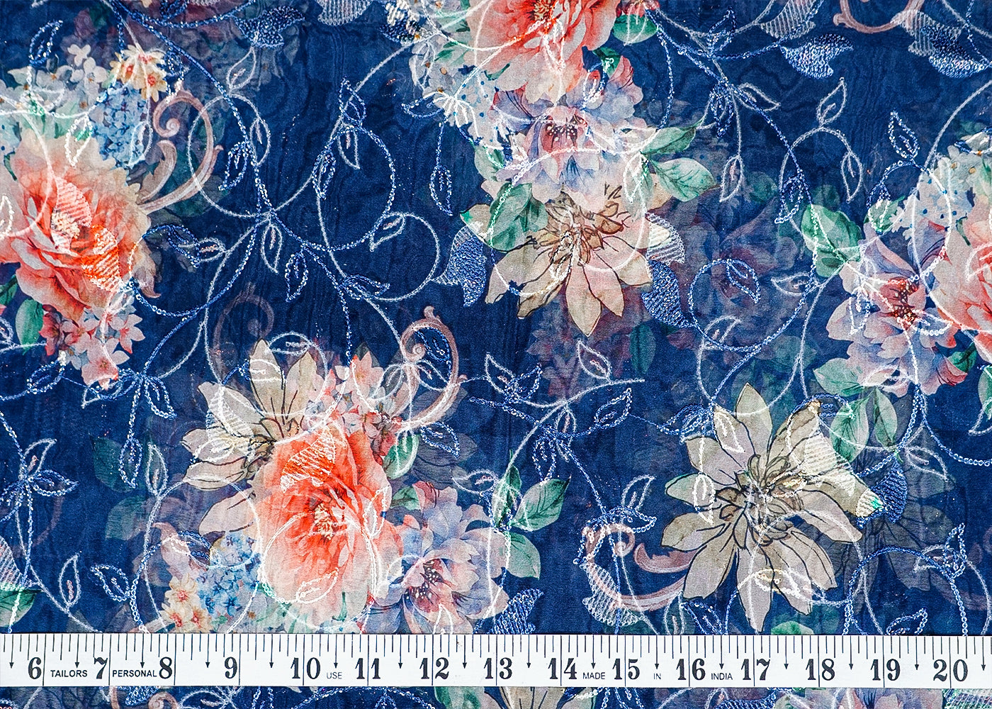 Dark Blue Organza Fabric with Allover Floral Print, Thread & Sequins Work 13620