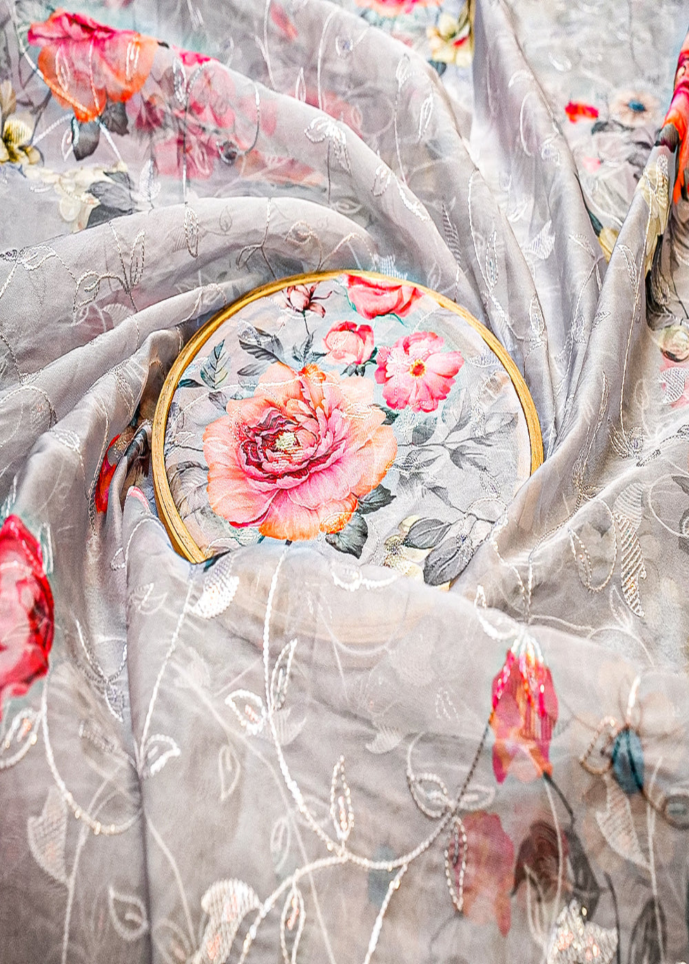 Grey-Organza-Fabric-with-Allover-Floral-Print,-Thread-&-Sequins-Work-13621-close-view