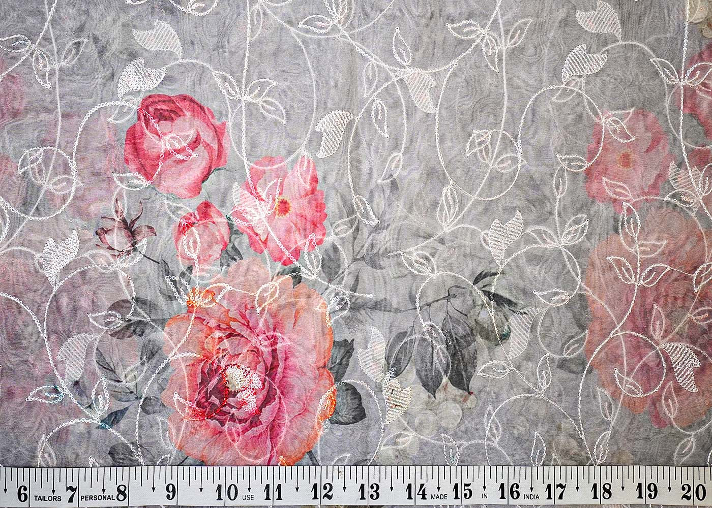 Grey Organza Fabric with Allover Floral Print, Thread & Sequins Work 13621