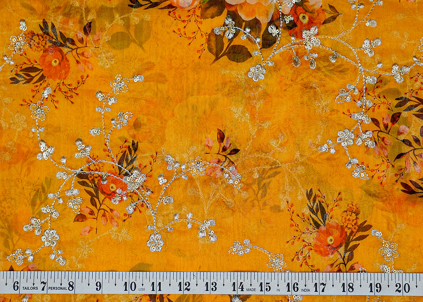 Mustard Organza Fabric with Allover Floral Print, Thread & Sequins Work 13623