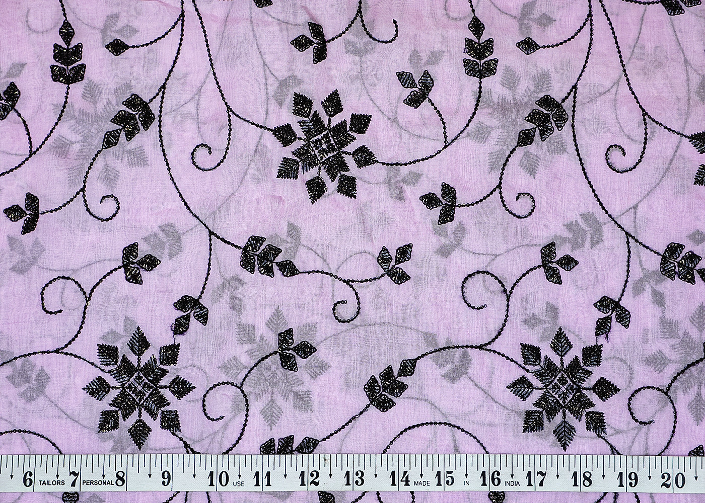 Lavender Organza Fabric with Allover Black Thread and Sequins Work 13626