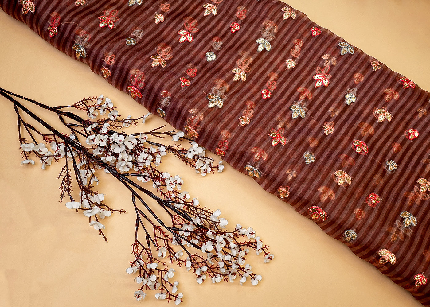 Brown Organza Fabric with Allover Print and Buti of Thread & Gota Work 13633