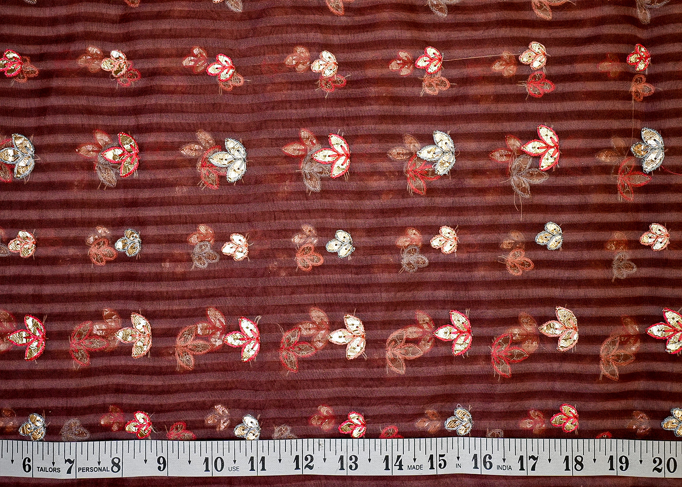 Brown Organza Fabric with Allover Print and Buti of Thread & Gota Work 13633