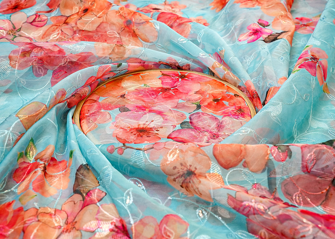 Sky Blue  Organza Fabric with Allover Floral Print, Thread & Sequins Work 13634