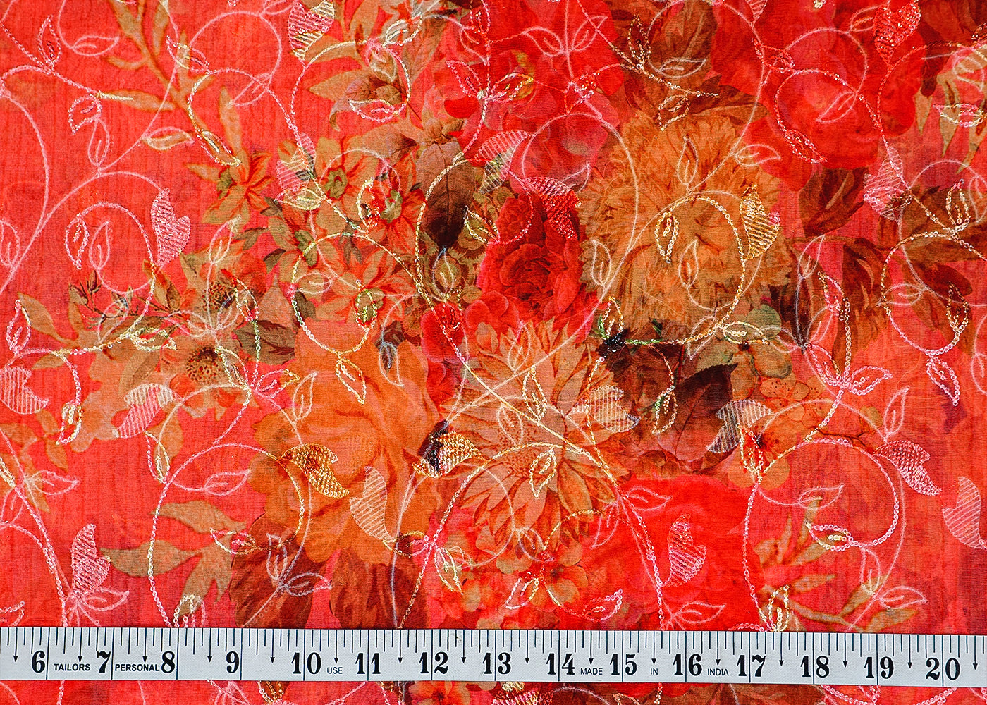 Coral Red Organza Fabric with Allover Floral Print, Thread & Sequins Work 13635