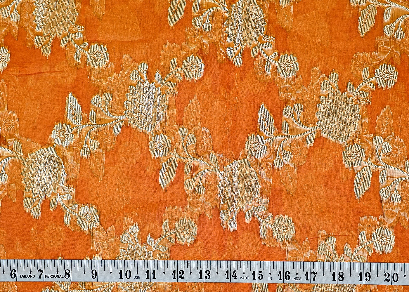 Peach Organza Fabric with Allover Floral Golden Thread Weave 13640