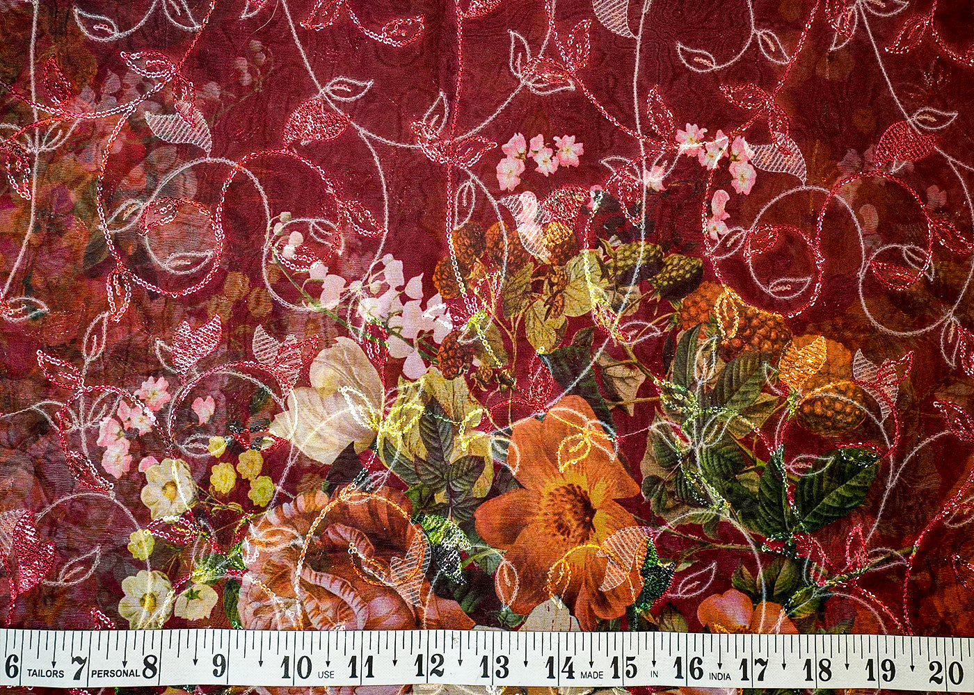 Deep Maroon Organza Fabric with Allover Floral Print, Thread & Sequins Work 13642